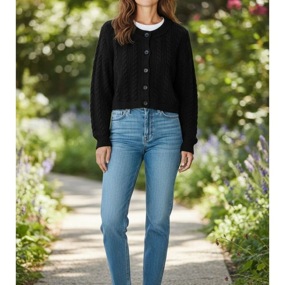 OPEN EDIT Women's Navy Black Knit Crop Cardigan SMALL